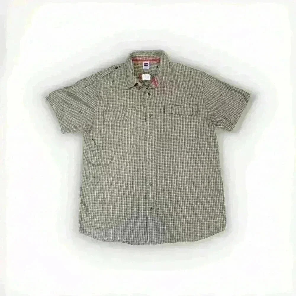 The North Face Plaid Brown Short Sleeve Button Up Mens Shirt XXL Pocket - Picture 1 of 7